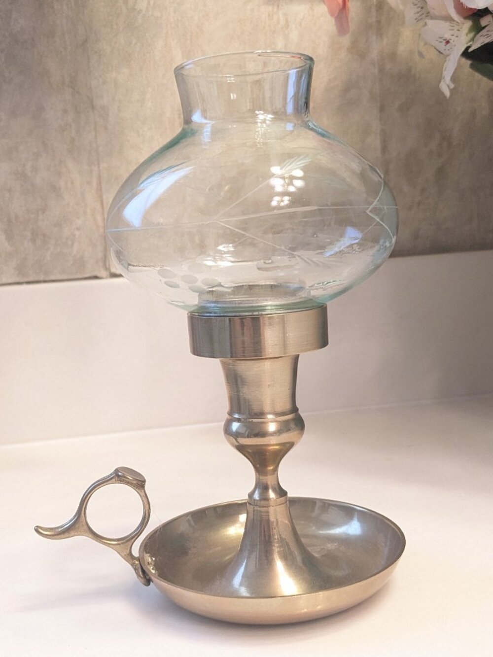 Vintage Brass Chamber Candlestick with Etched Glass Hurricane Shade